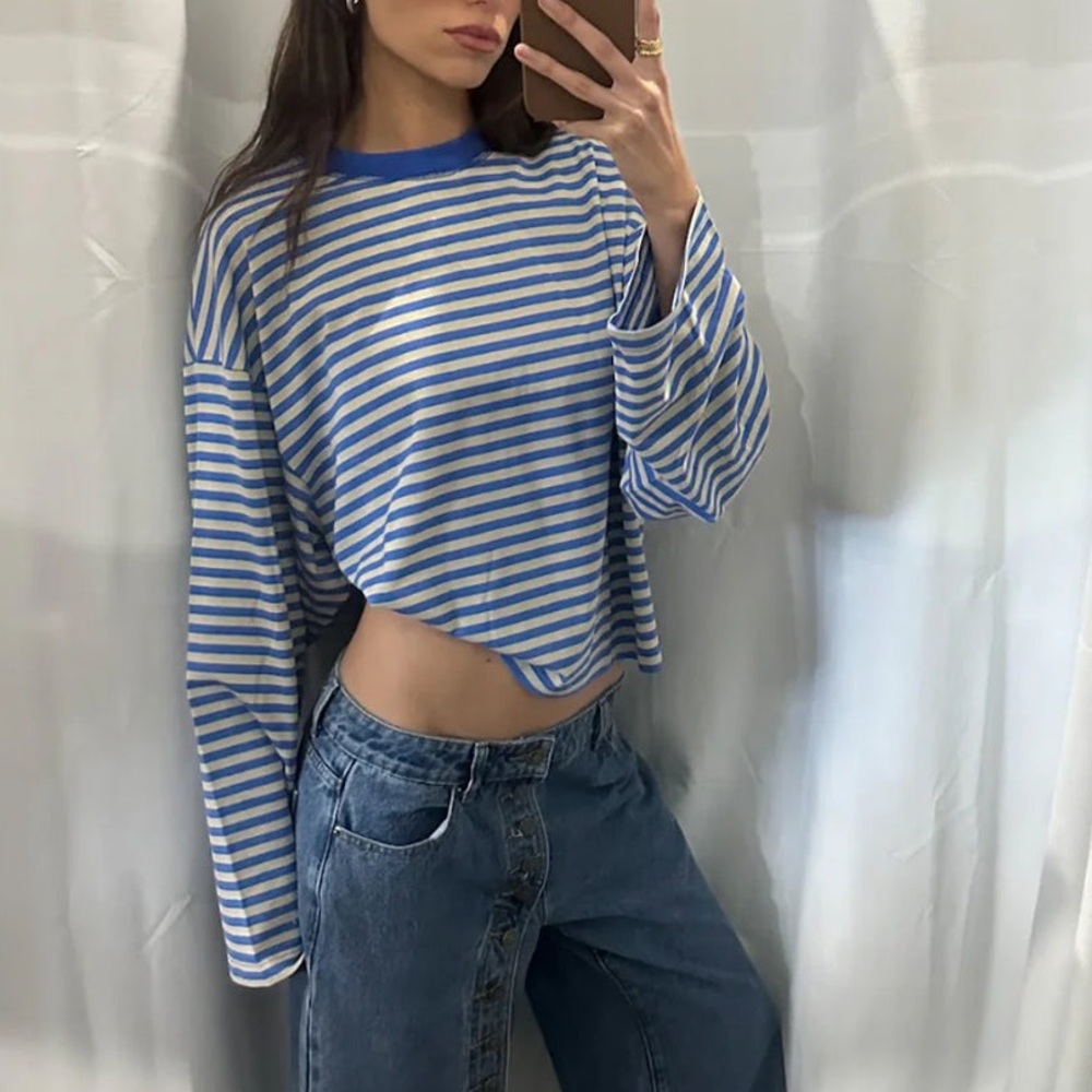Lioness bloom blue stripe oversized long sleeve top